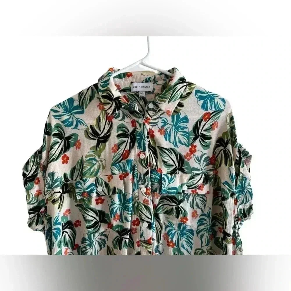 Lost & Wander Seascape Cover Up Dress Shirt Dress Green Tropical Print Size M/L - Picture 10 of 13